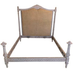 Swedish Paint Decorated Gustavian Style Queen Size Bed with Rails and Footboard