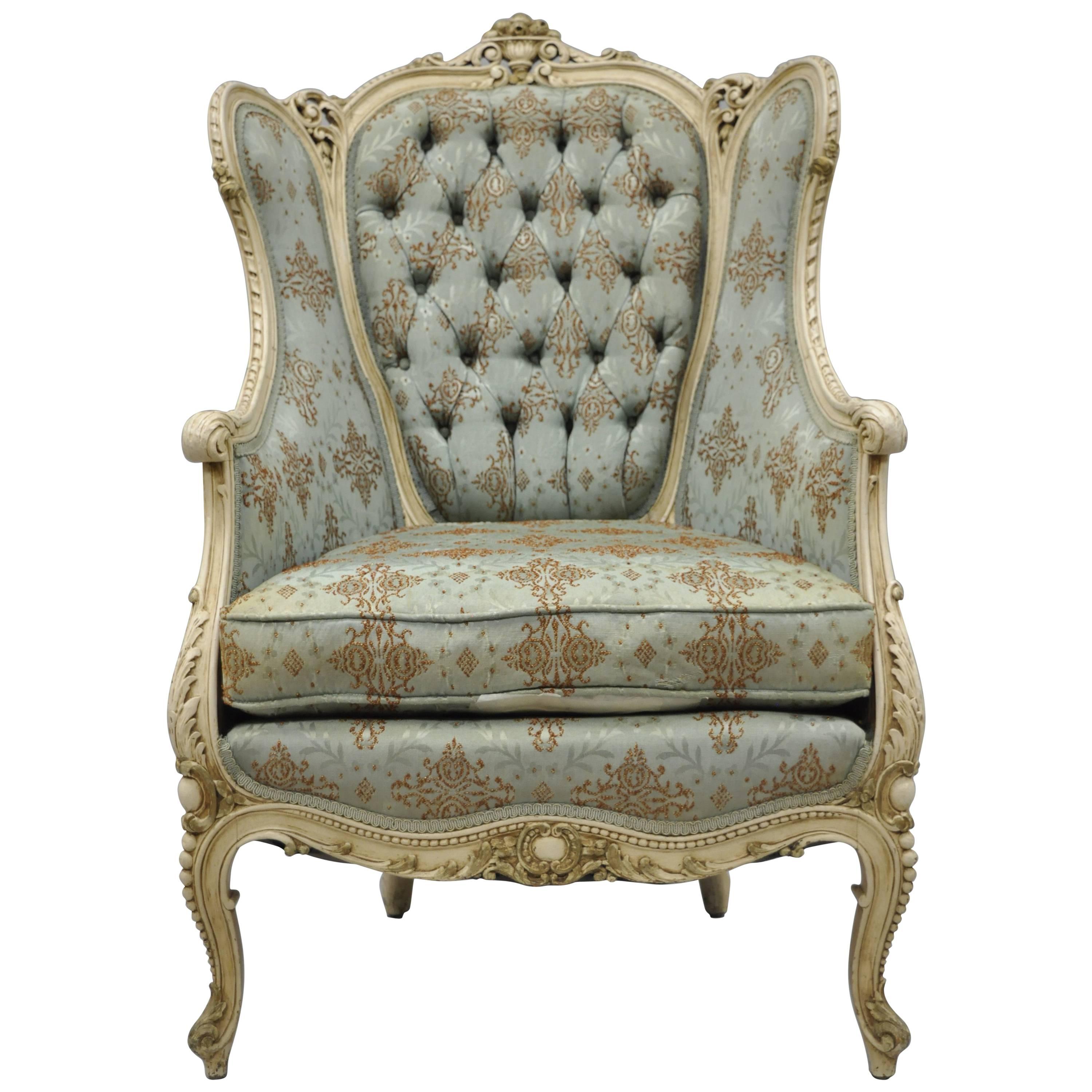 French Louis XV Provincial Style Bergere Chair Wingback Armchair Cream Painted
