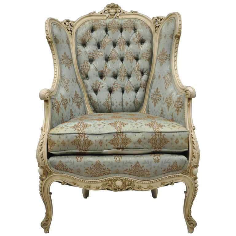 French Louis XV Provincial Style Bergere Chair Wingback Armchair Cream