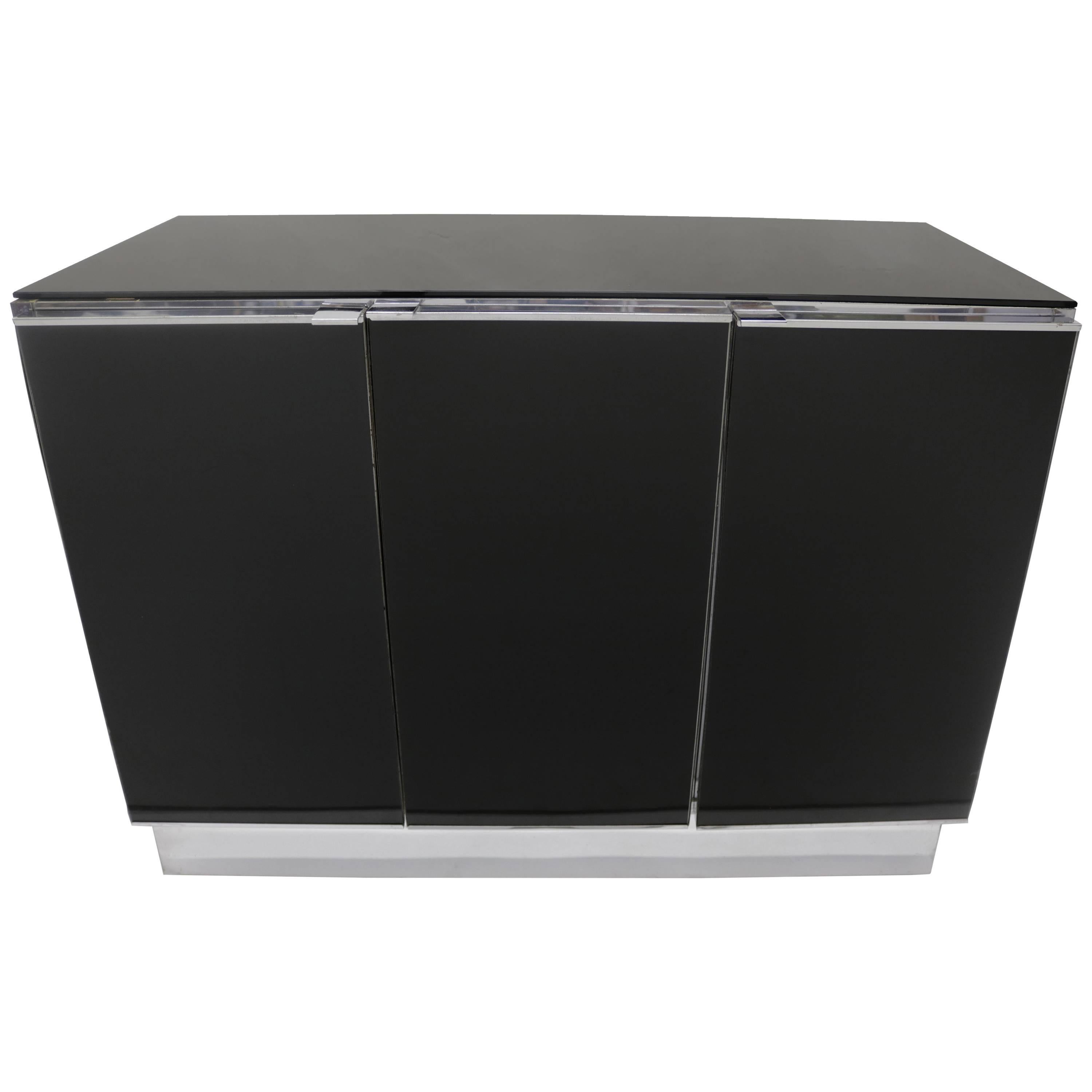 Little Chrome and Black Opaline Glass Credenza by Milo Baughman