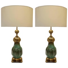 Pair of Esmeralda Craquelure Ceramic and Bronze Table Lamps