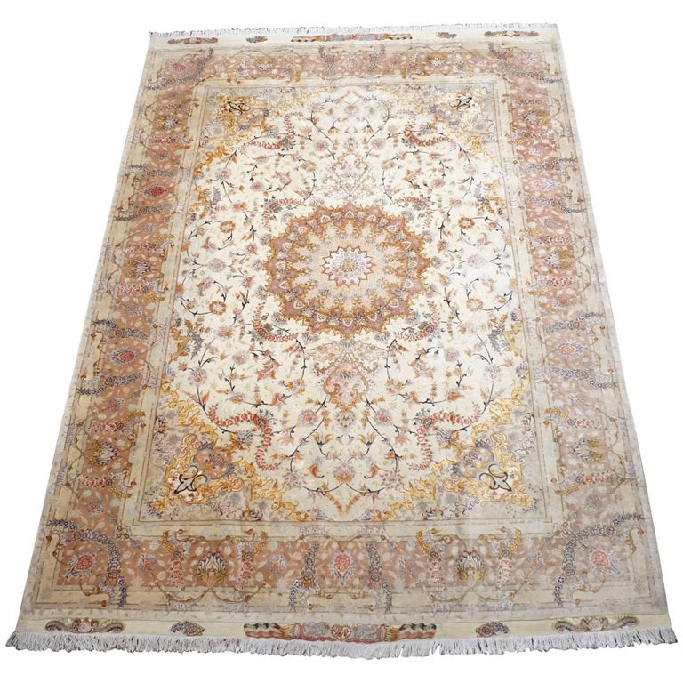 Signed Wool and Silk Persian Tabriz Rug, 60 Raj For Sale at 1stDibs
