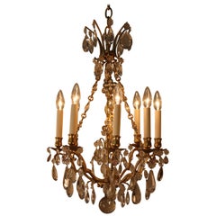 French 1930s Crystal and Bronze Chandelier