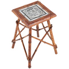 English Bamboo Arts & Crafts Pedestal Table with Minton Tile by John Moyr Smith