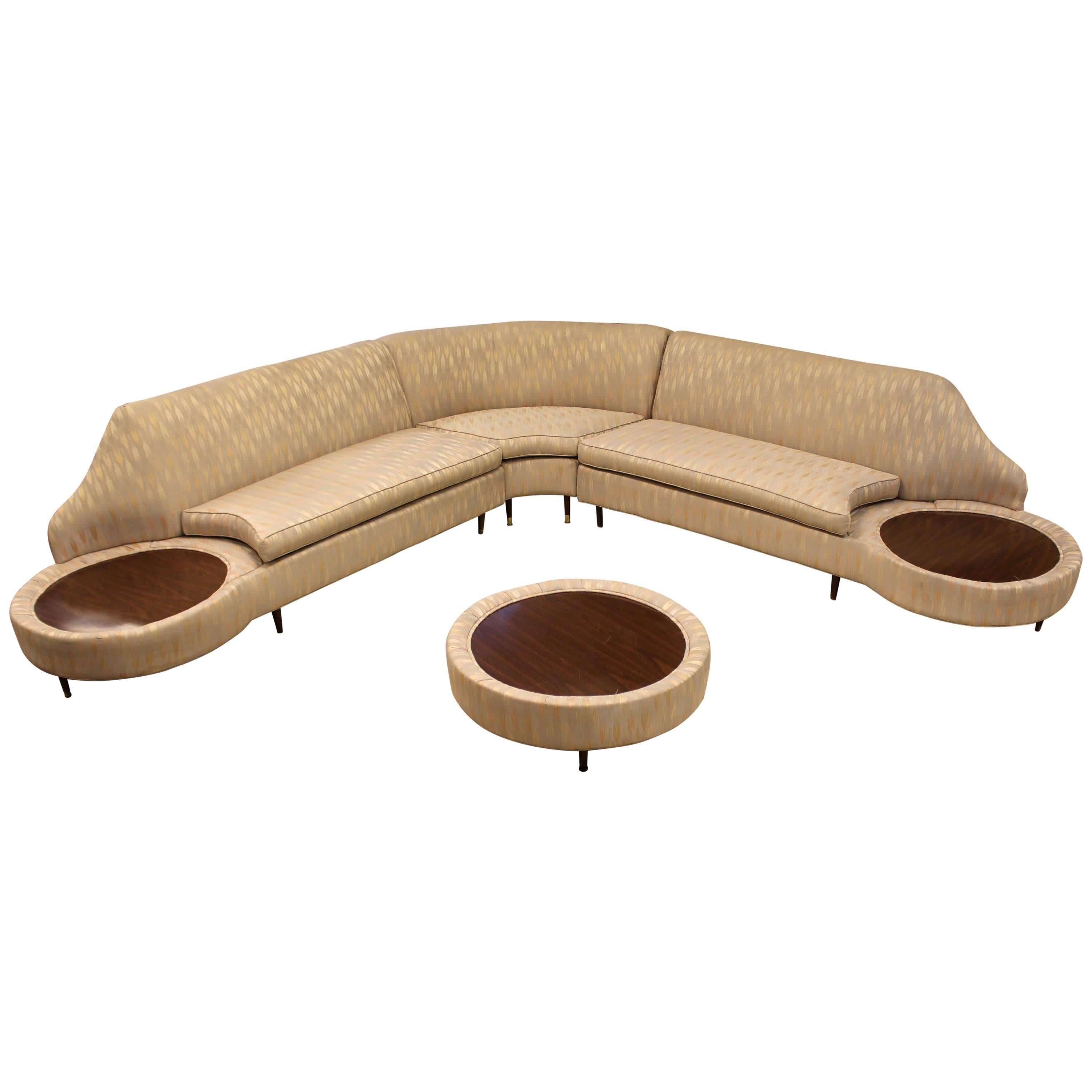 Mid-Century Modern Three-Piece Curved Sofa Sectional Ottoman Side Tables