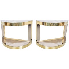 Pair of Midcentury Italian Brass and Mirrored Glass Demilune Consoles by Petti