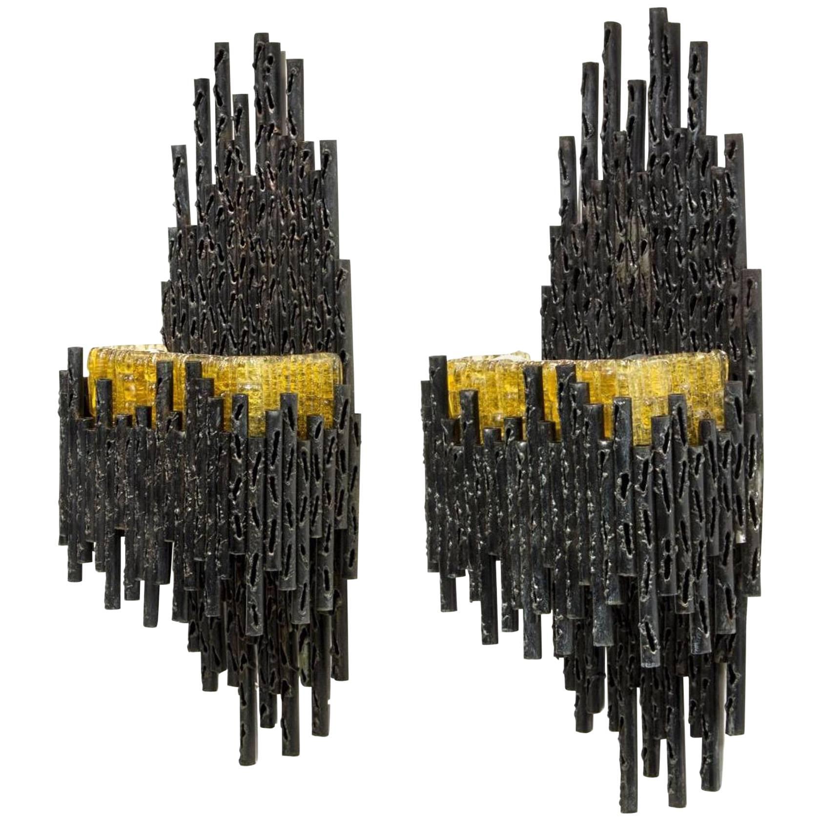 Marcello Fantoni Pair Midcentury Brutalist Wall Scones with Murano Glass For Sale