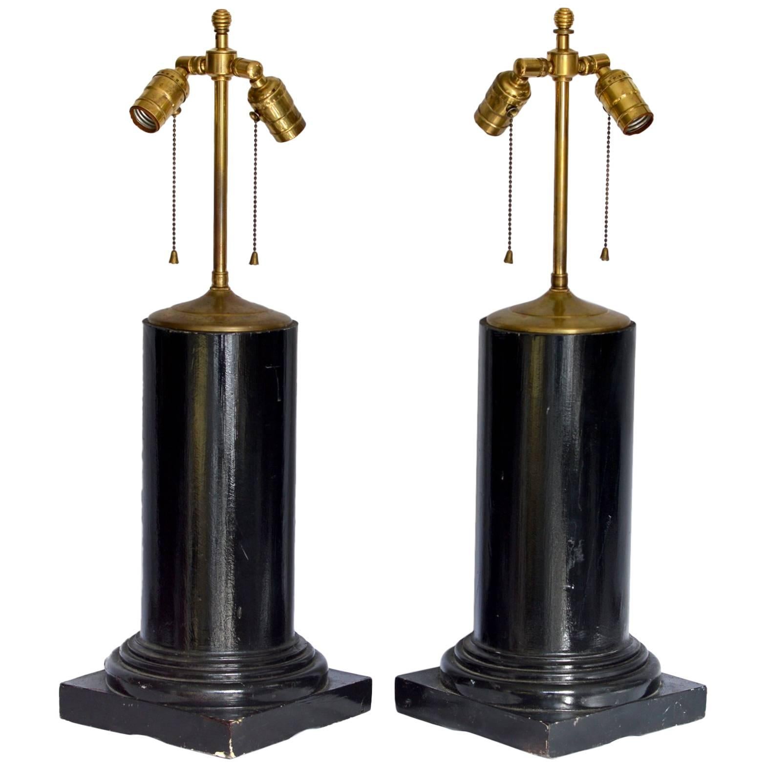 Ebonized Architectural Column Lamps, Pair For Sale