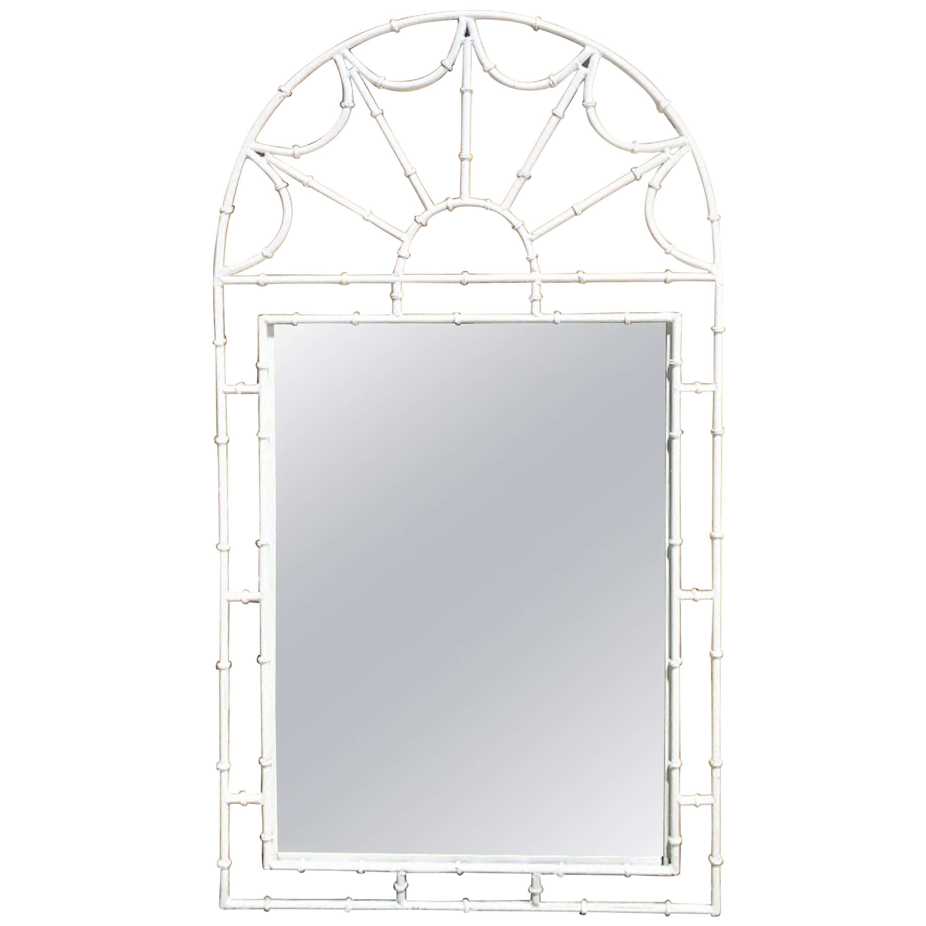 Midcentury Faux Bamboo Iron Mirror in White