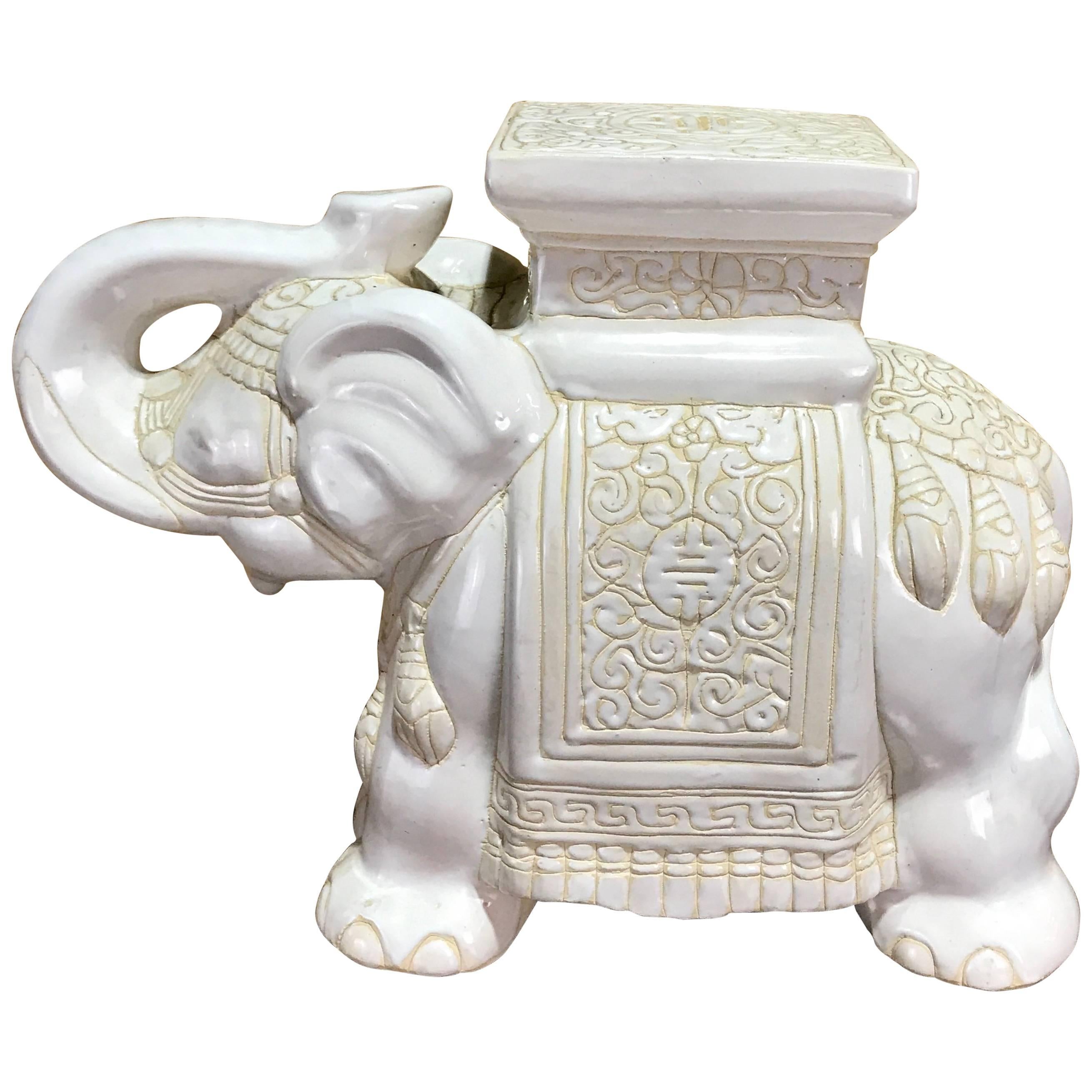 Midcentury Porcelain Standing Elephant Garden Seat in White and Yellow