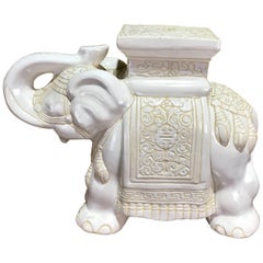 Vintage Midcentury Porcelain Standing Elephant Garden Seat in White and Yellow