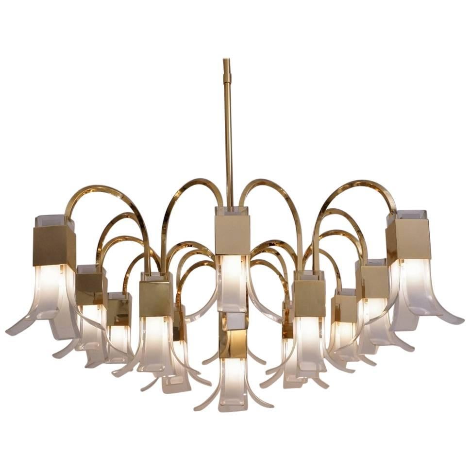 Sciolari Chandelier Cubic Gold-Plated with Glass Petals, circa 1970s, Italian