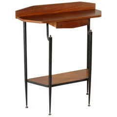 Console with Drawer Mahogany Veneer Metal Brass Vintage, Italy, 1950s-1960s