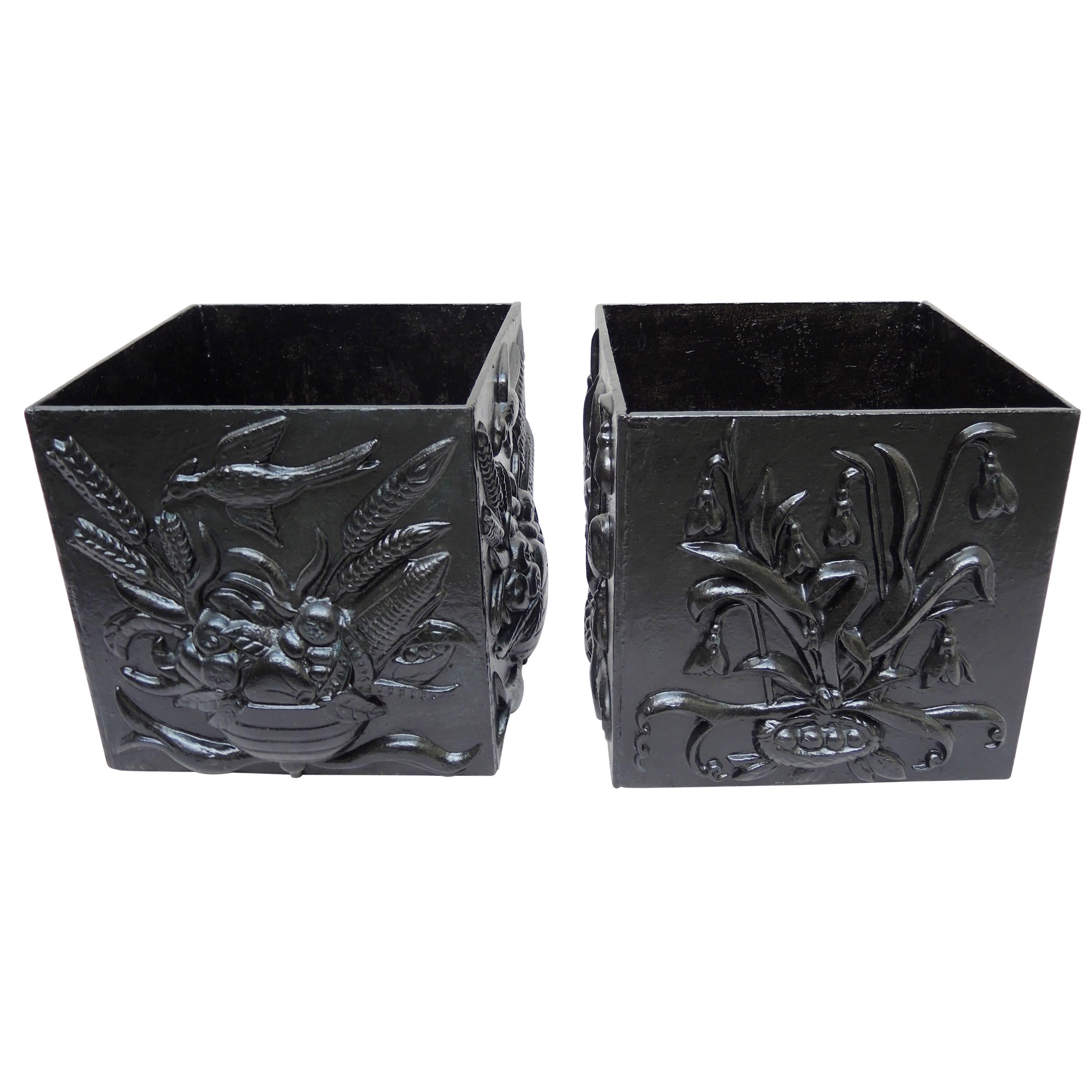 Pair of French Cast Iron Planters with High Relief Decoration, circa 1930
