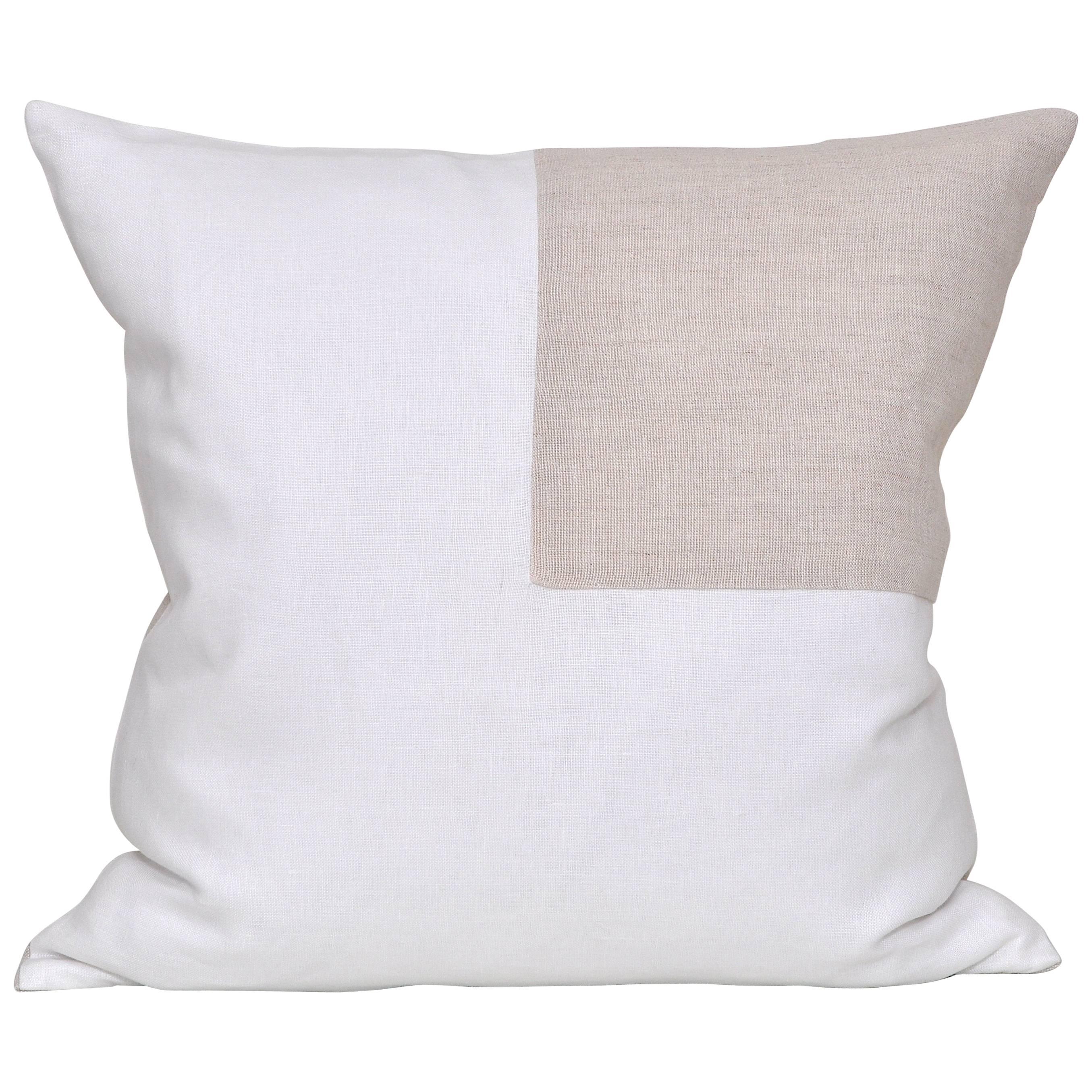 Large Contemporary White Irish Linen Pillow with Vintage Oatmeal Patch For Sale