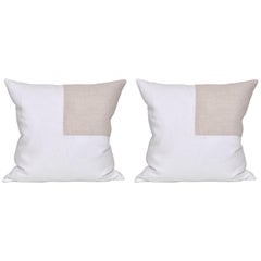 Pair of Large Contemporary White Irish Linen Pillow with Vintage Oatmeal Patch