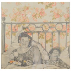 Vintage Photorealism Drawing by Aro Oene, 1986 "Breakfast in Bed"