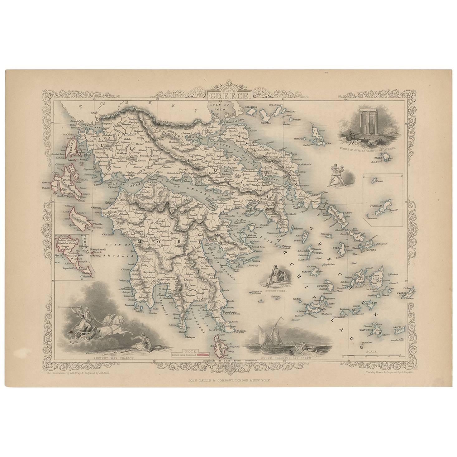 Antique Map of Greece by J. Tallis, circa 1851