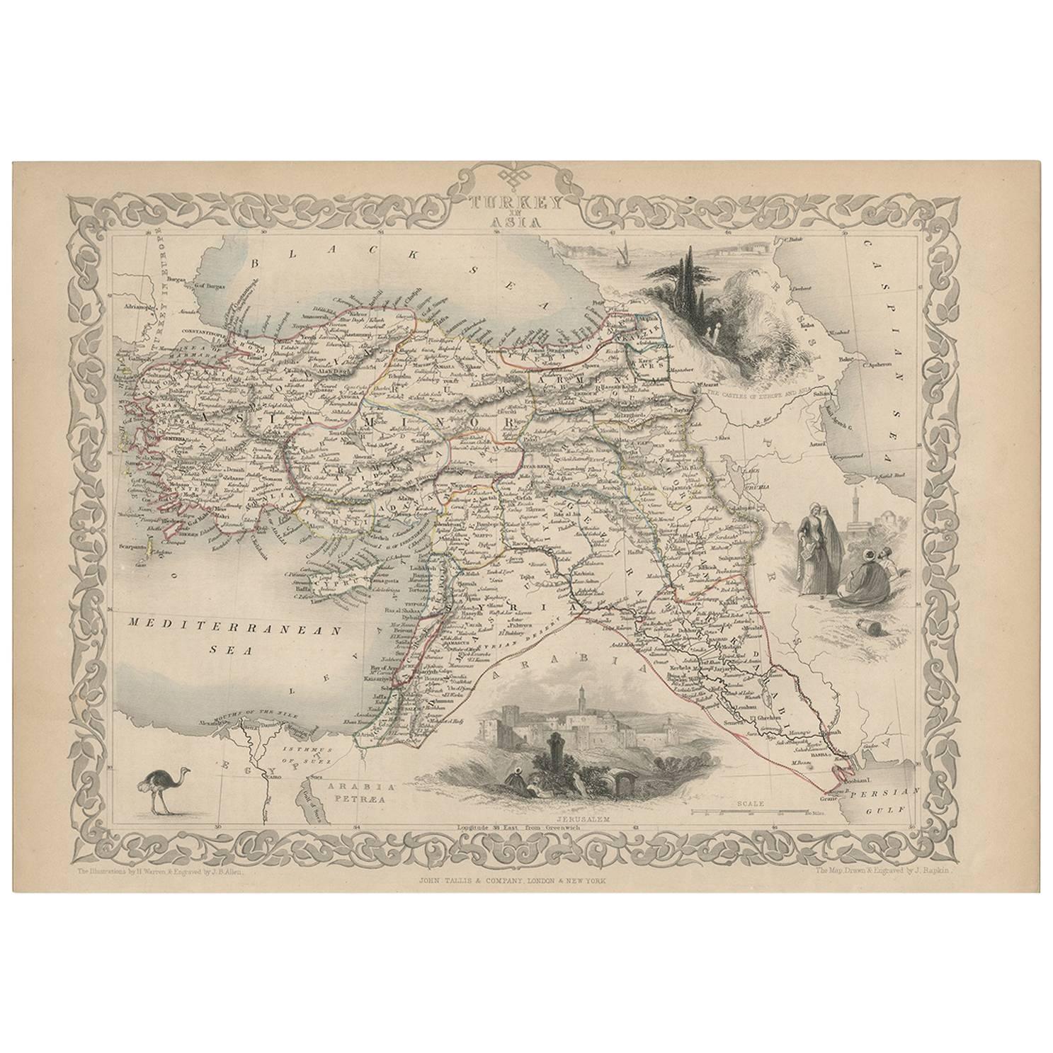 Antique Map of Turkey in Asia by J. Tallis, circa 1851 For Sale