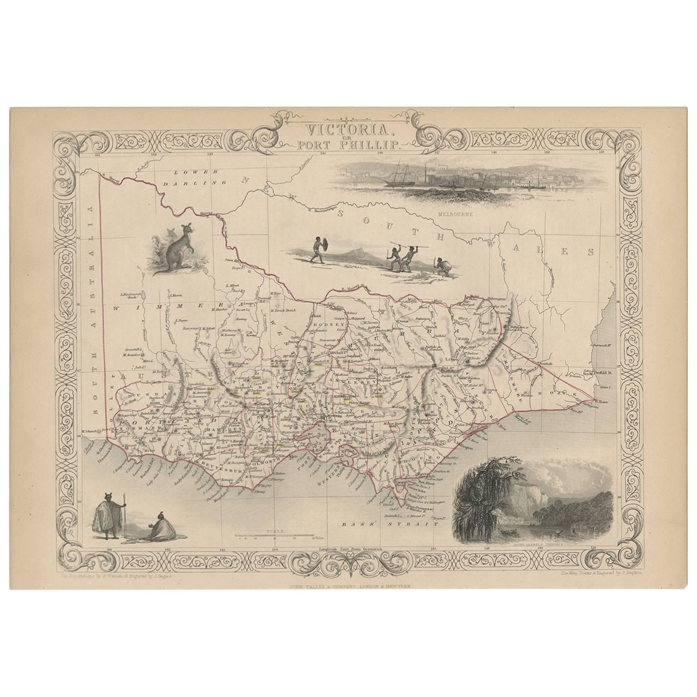 Carte ancienne de l'Australie de l'époque victorienne par J. Tallis, vers 1855