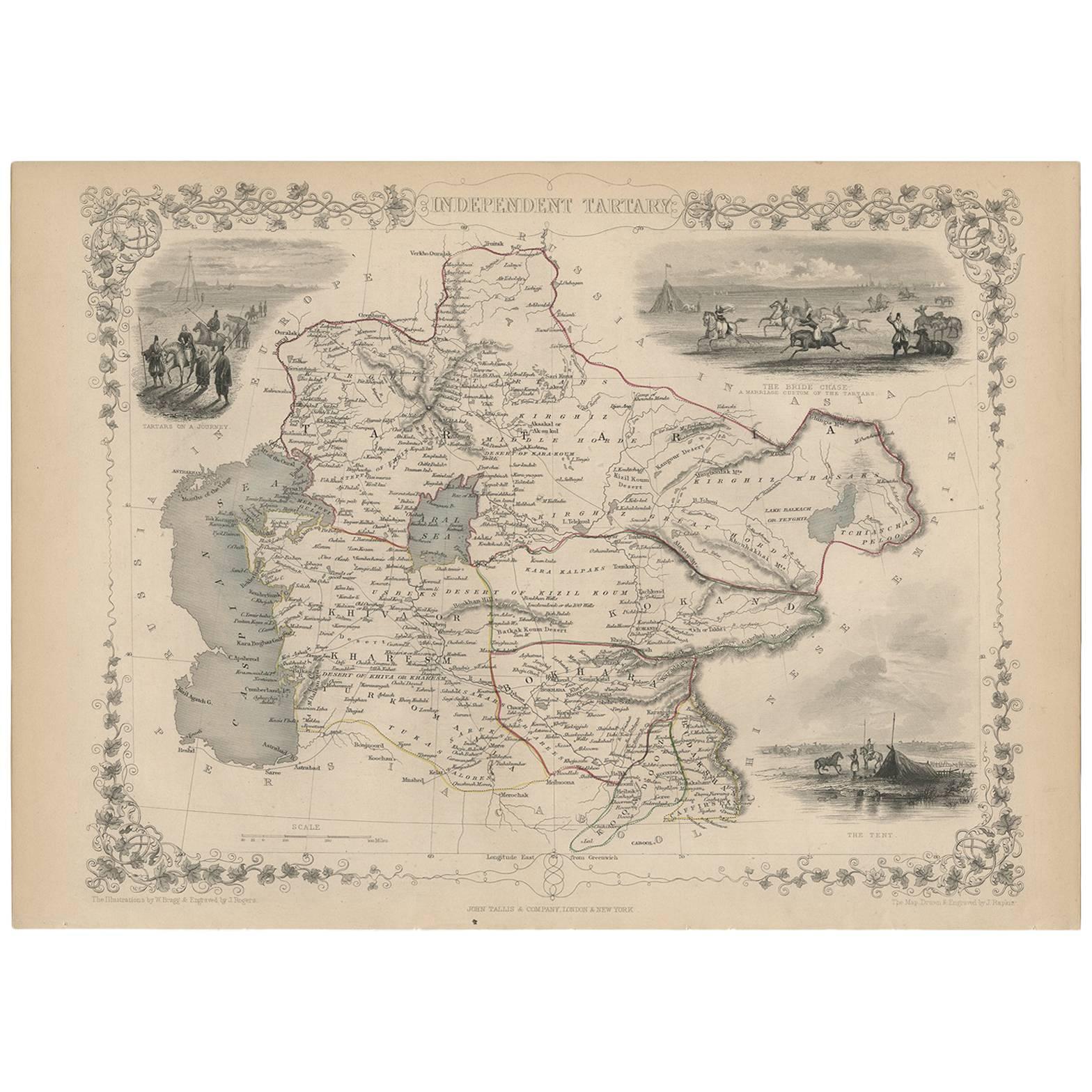Antique Map of Independent Tartary 'Central Asia' by J. Tallis, circa 1851