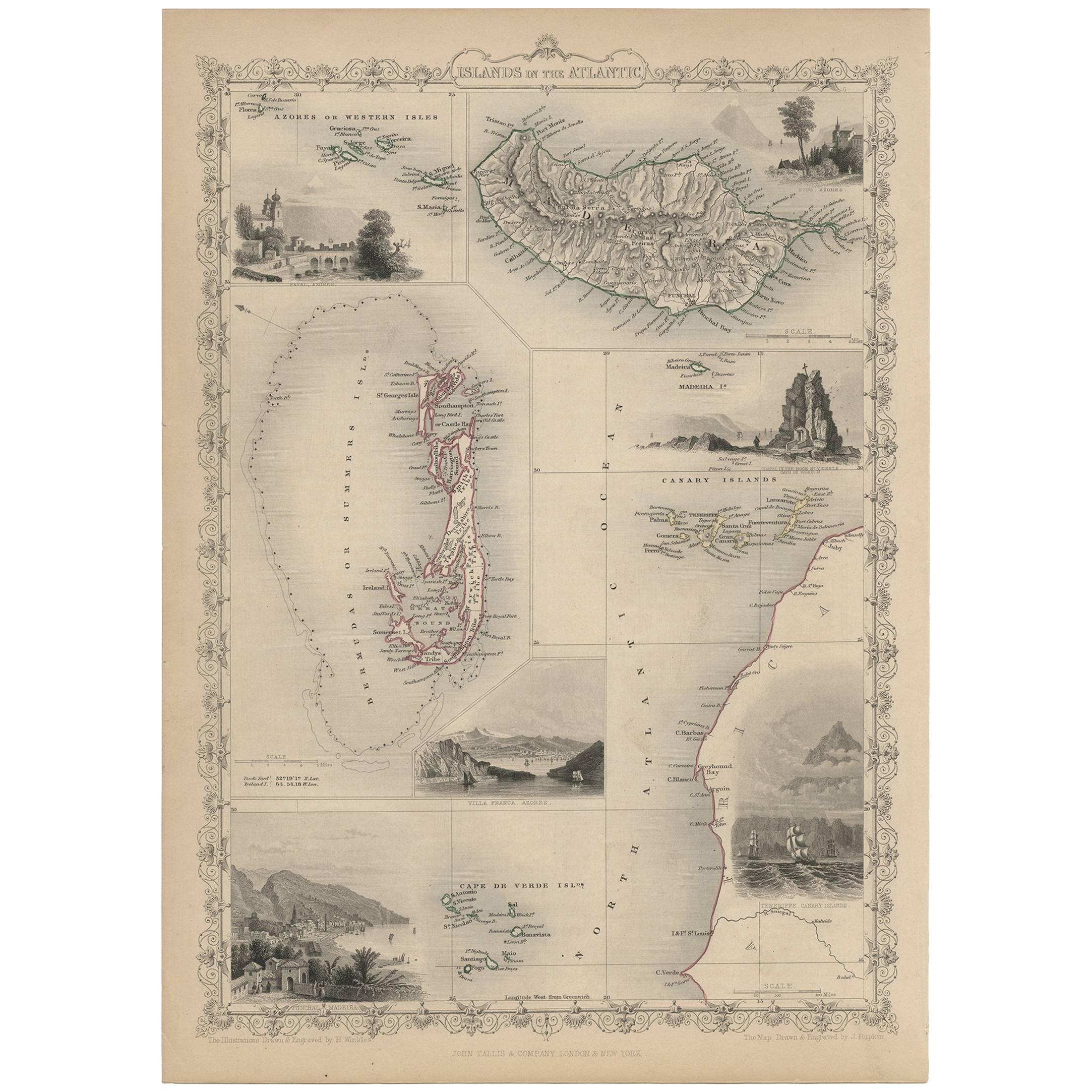 Antique Map of the Islands of the Atlantic by J. Tallis