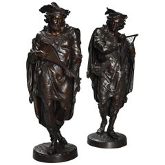 Pair of Superb Quality French 19th Century Bronze Figures of Minstrels
