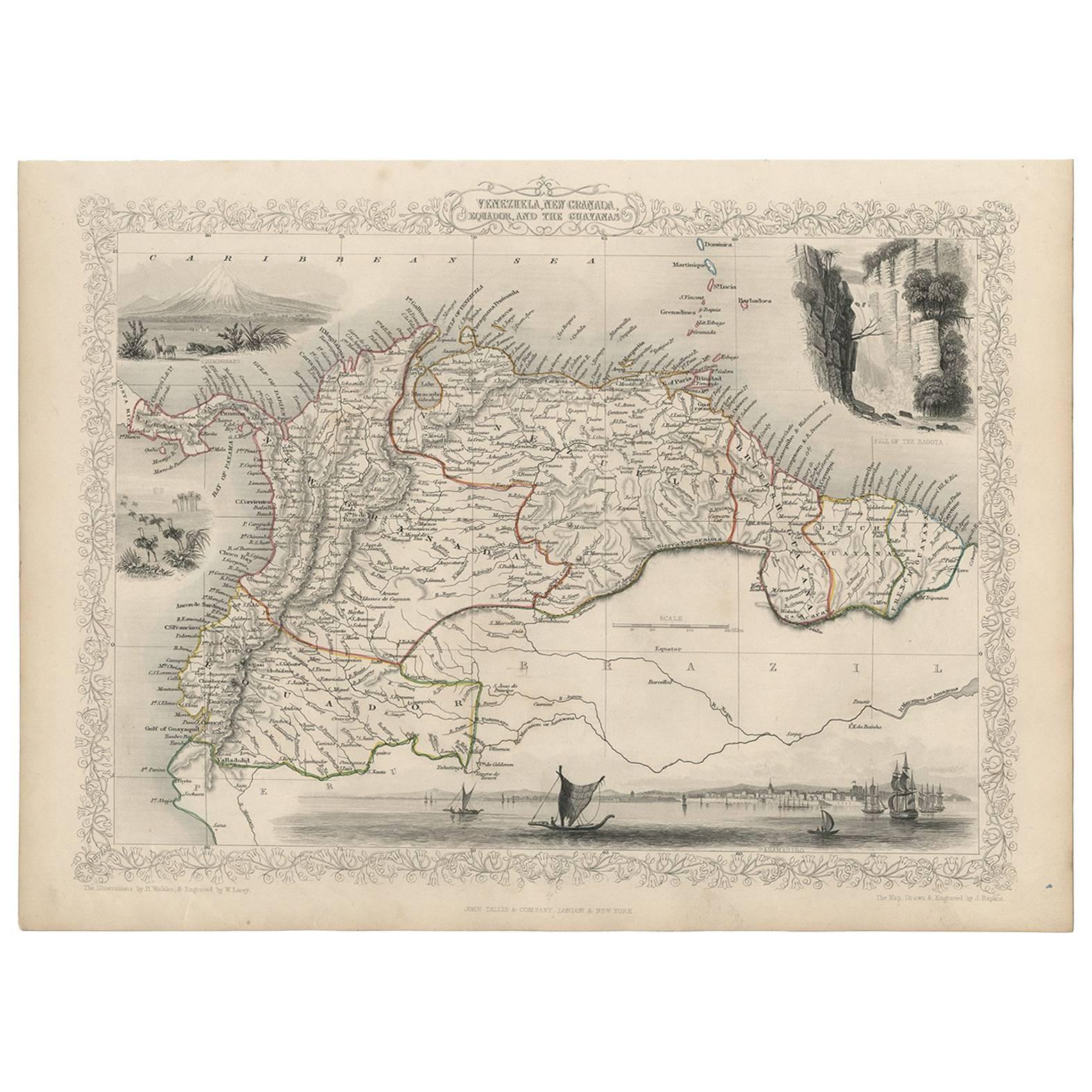 Antique Map of the Northern Part of South America by J. Tallis, circa 1851 For Sale