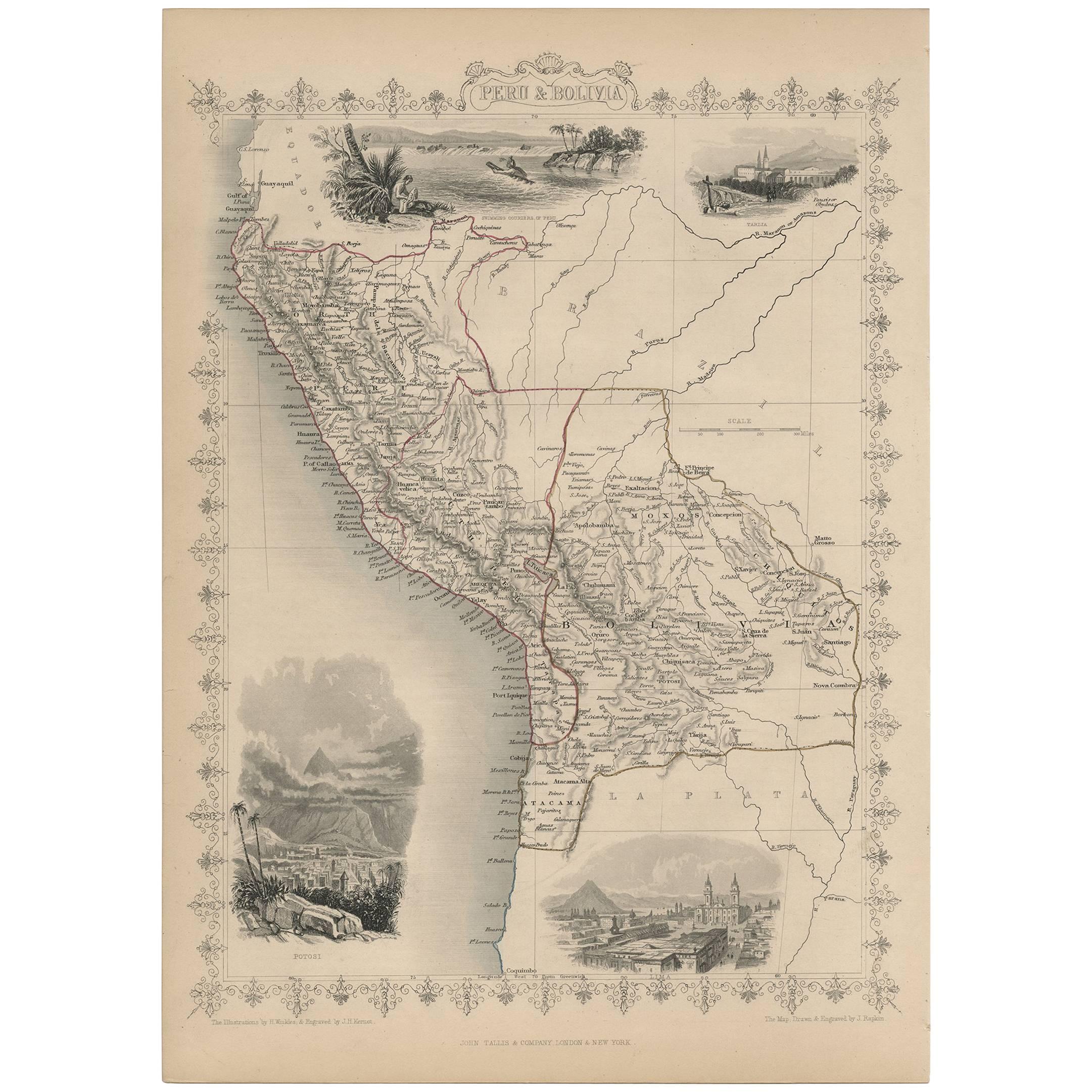 Antique Map of Peru and Bolivia by J. Tallis, circa 1851 For Sale