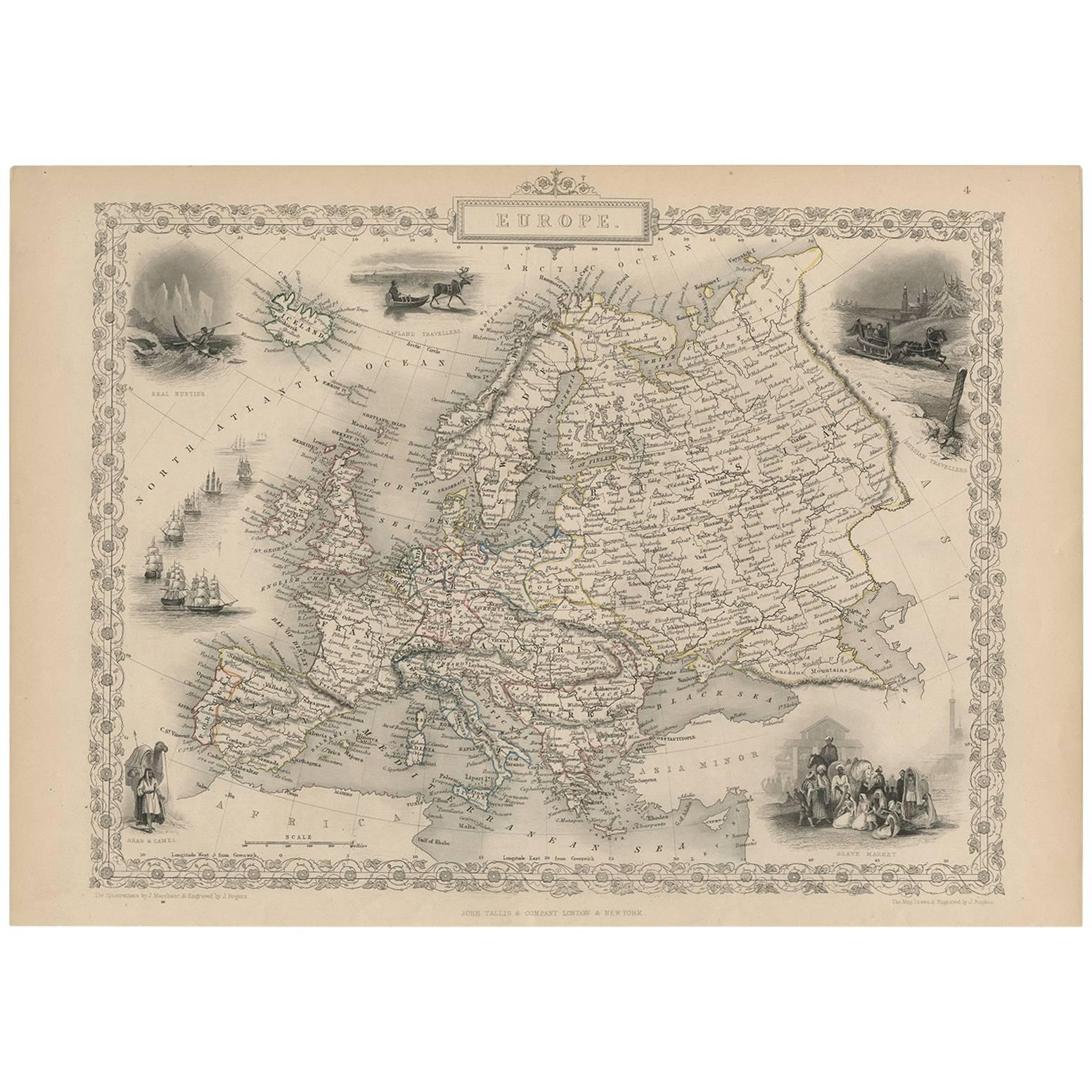 Antique Map of Europe by J. Tallis, circa 1851