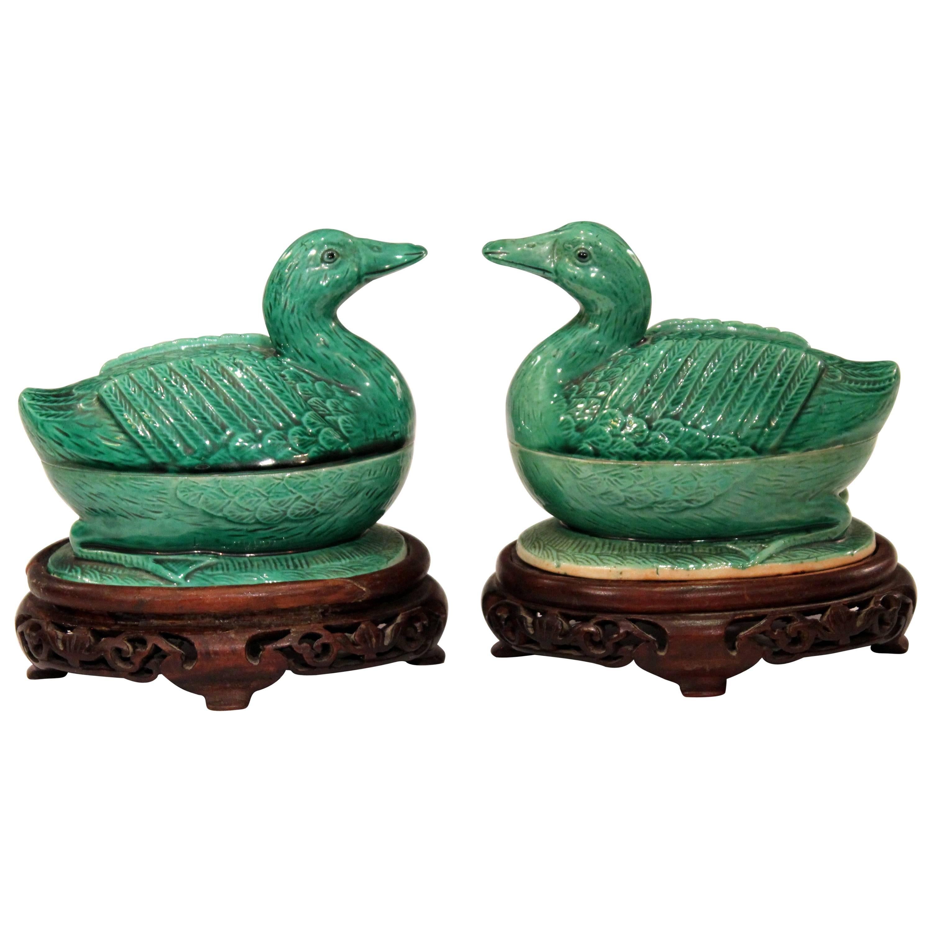 Pair of Chinese Porcelain Bird Figure Covered Boxes Ducks Geese Marked