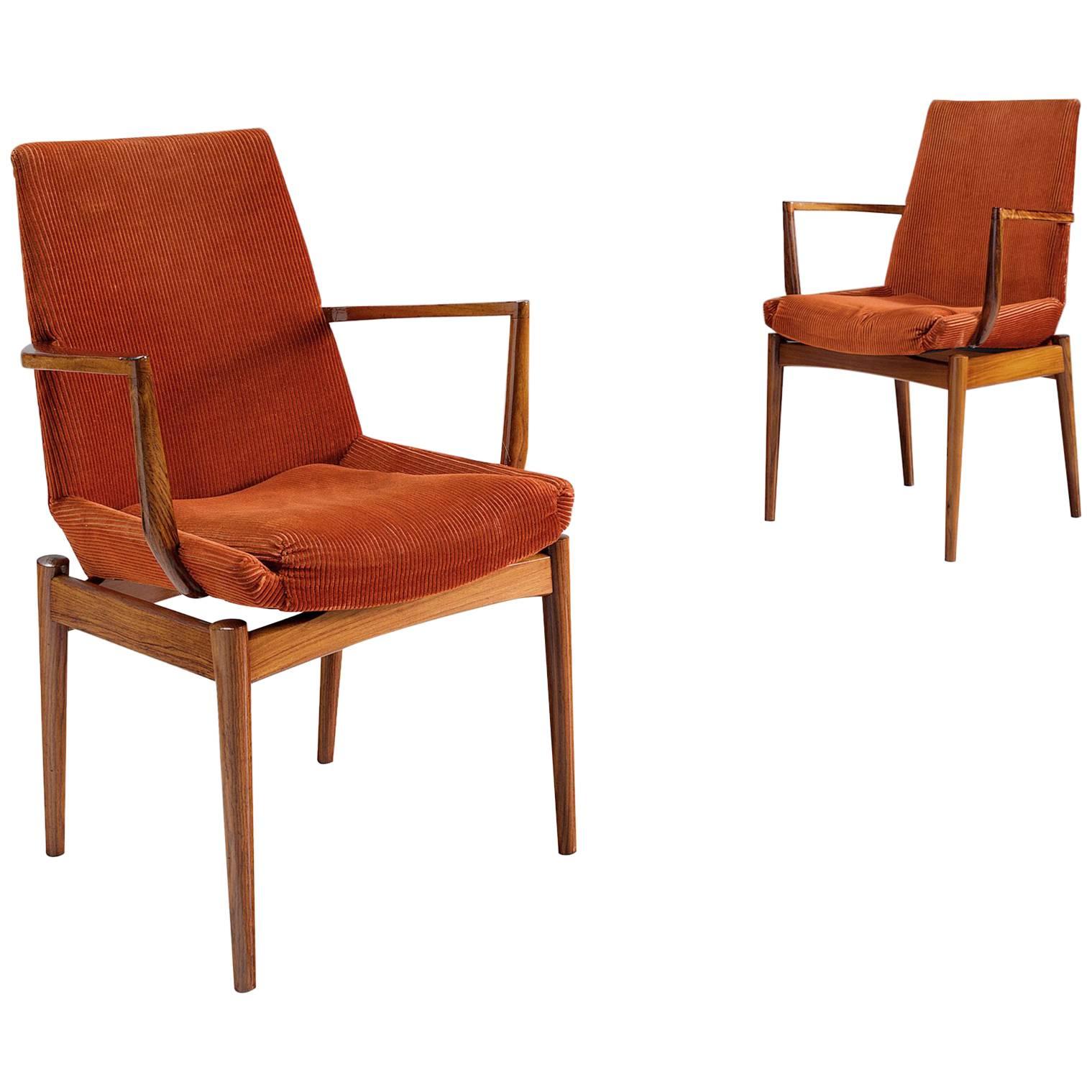 Scandinavian Side Chairs in Rosewood and Curduroy