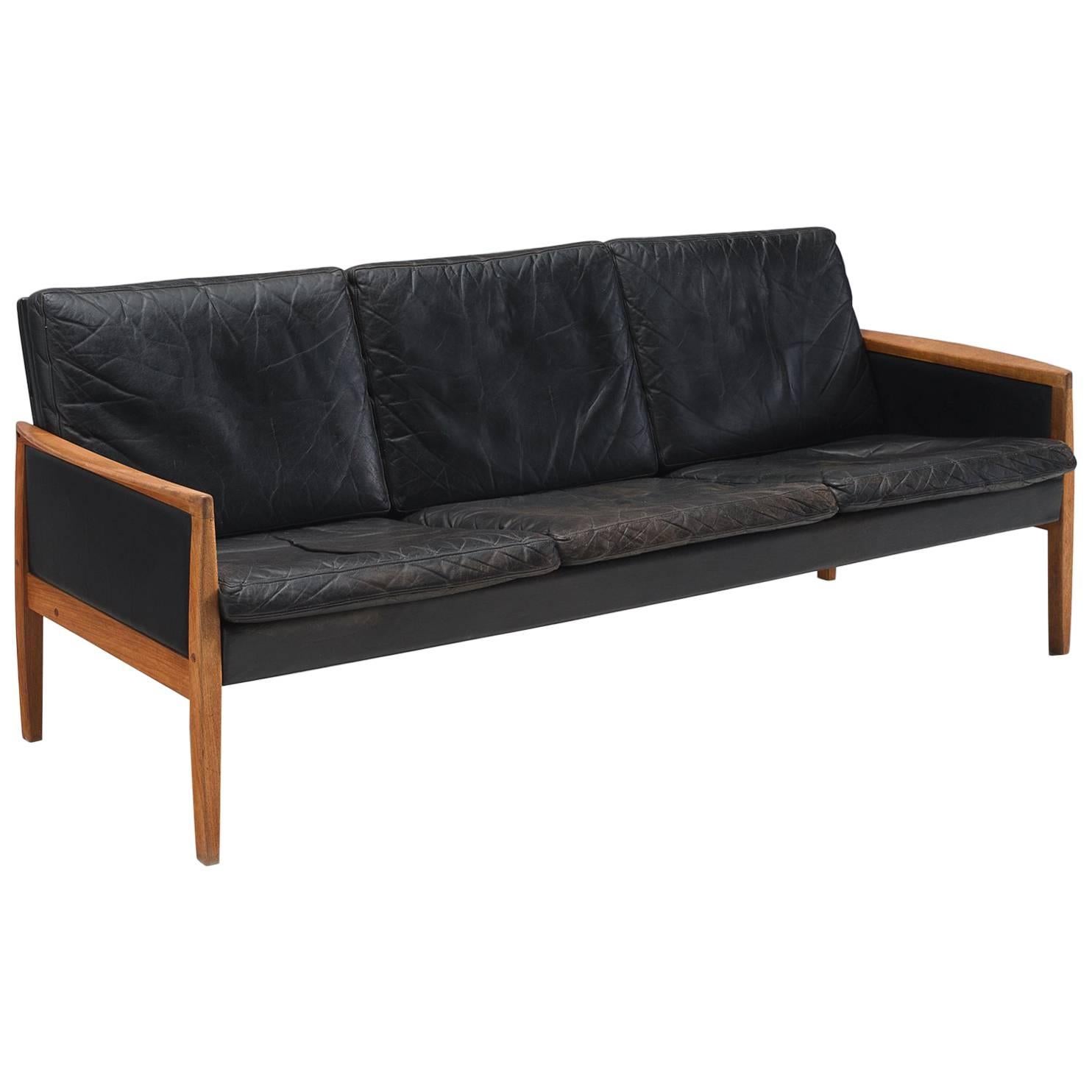 Hans Olsen Three-Seat Sofa in Original Leather and Teak