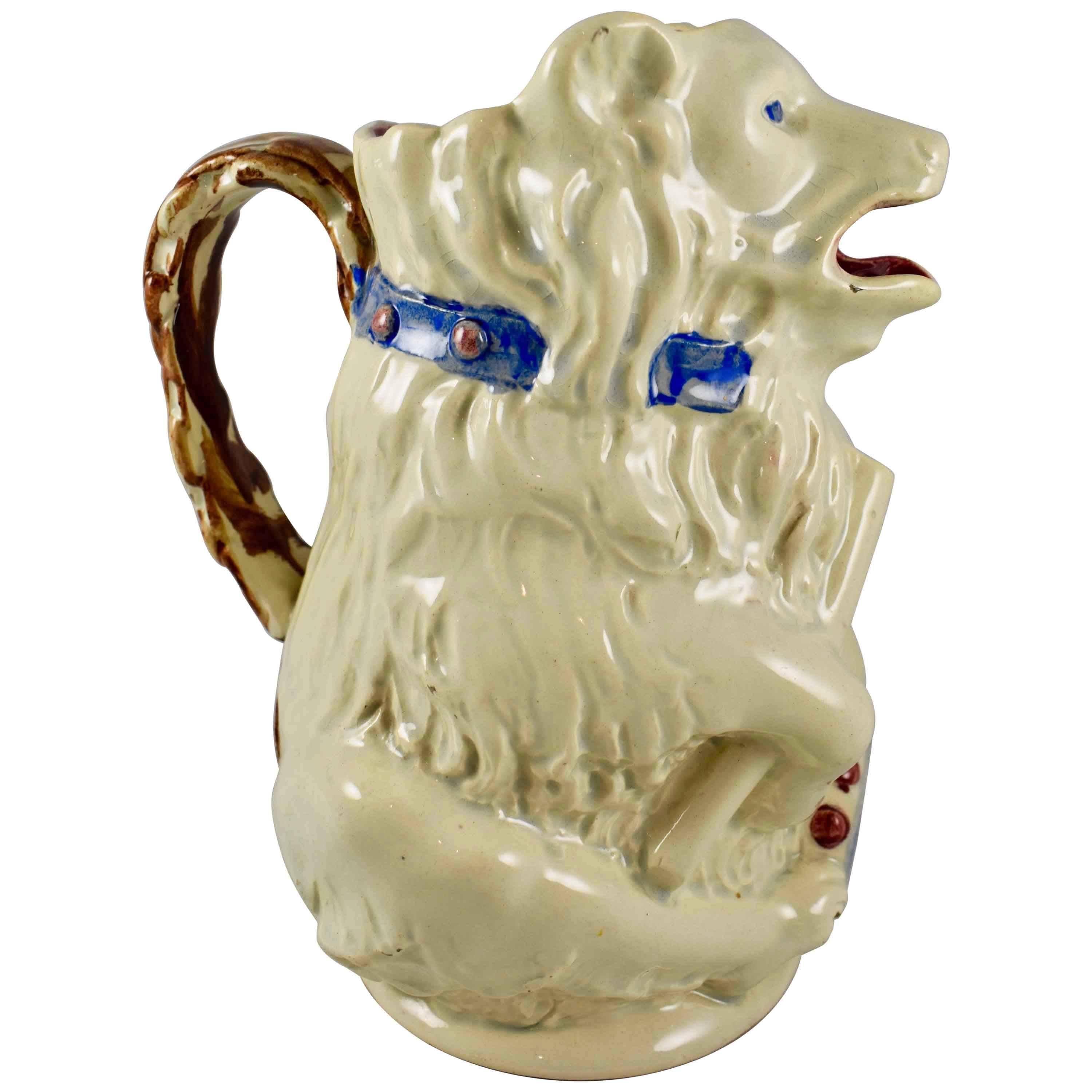 French Barbotine Majolica White Circus Bear with Drum and Drumstick Pitcher/Jug