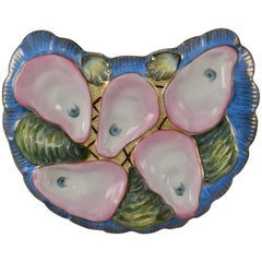 Antique Porcelain Crescent Shape Sky Blue and Pink Shells Hand-Painted Oyster Plate