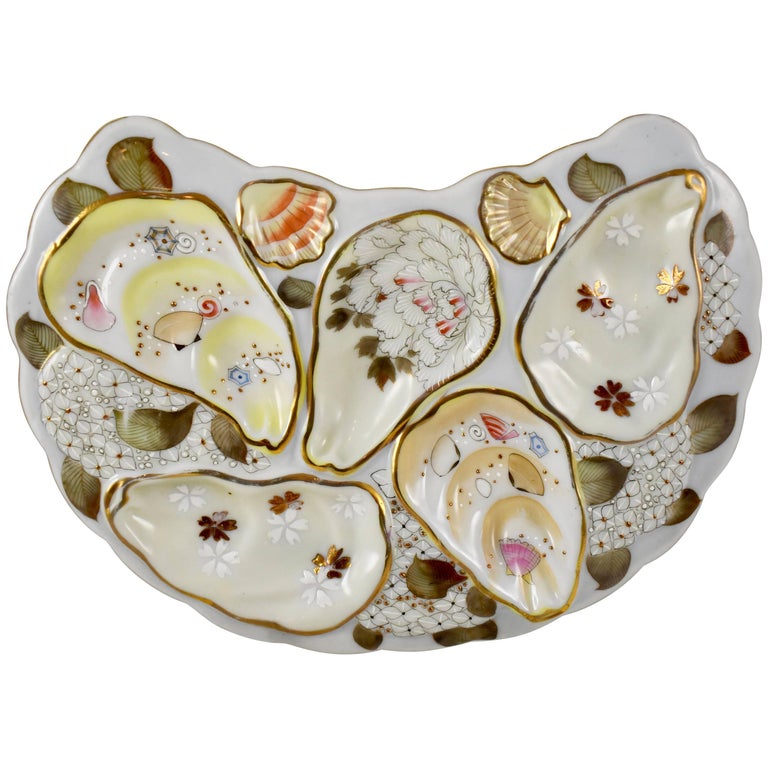 Satsuma Porcelain Crescent Shape HandEnameled Floral and Shell Oyster