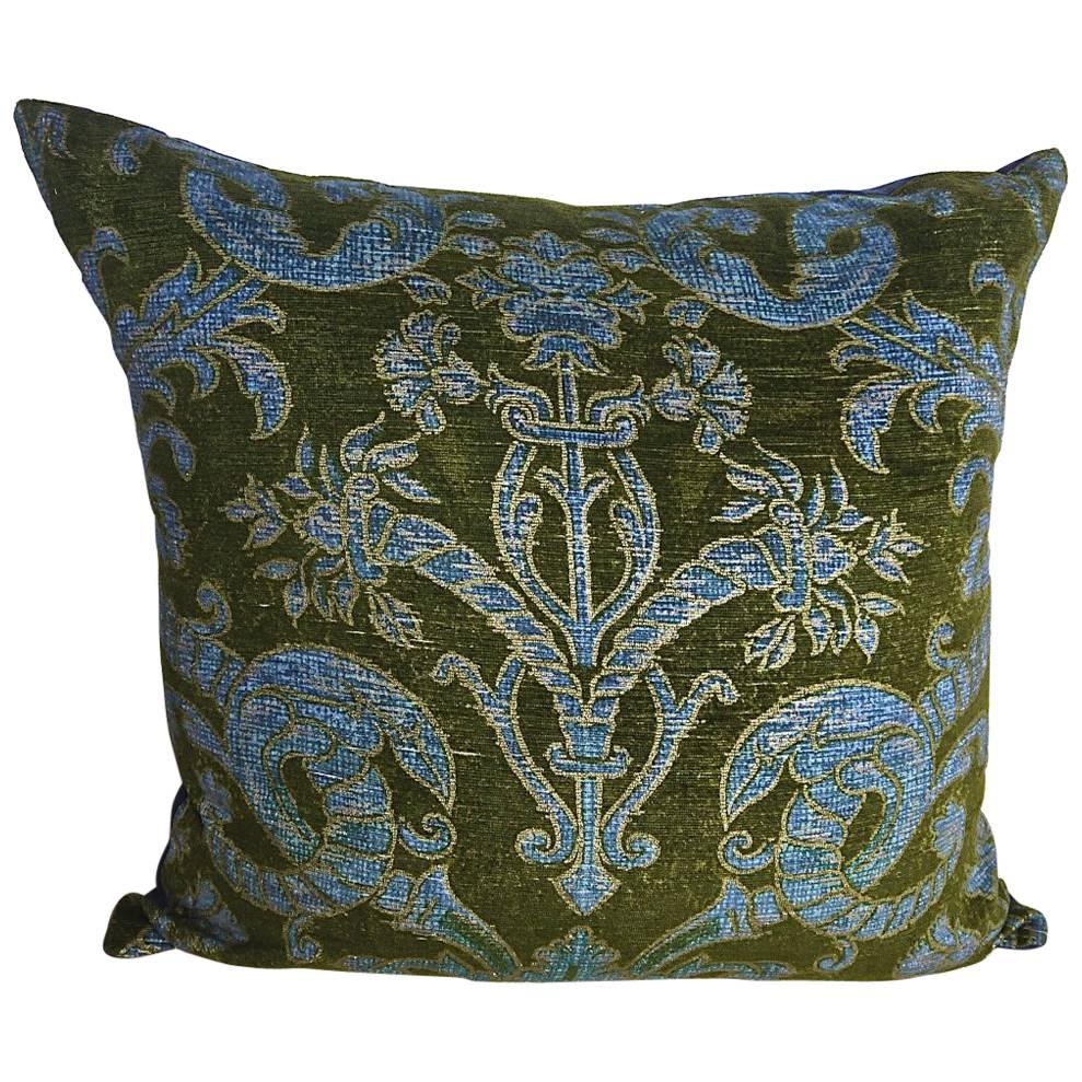 French Green Velvet Large Pillow Printed with Classical Design, circa 1950s