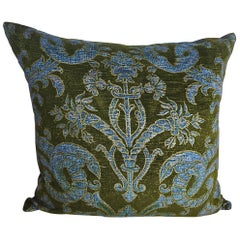 French Green Velvet Large Pillow Printed with Classical Design, circa 1950s