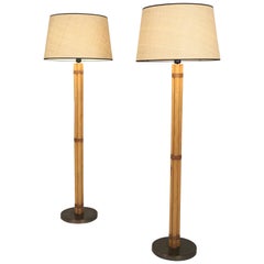 Pair of Bergboms Bamboo, Leather and Brass Floor-Lamps, Sweden, 1960s