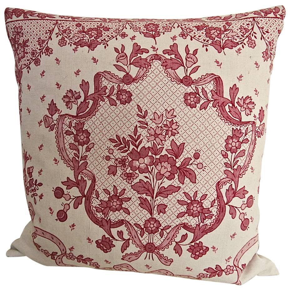  Pretty Red and Pink Floral Linen Pillow French c.1920