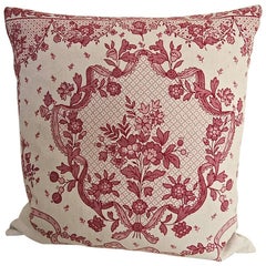 Pretty Red and Pink Floral Linen Pillow French c.1920