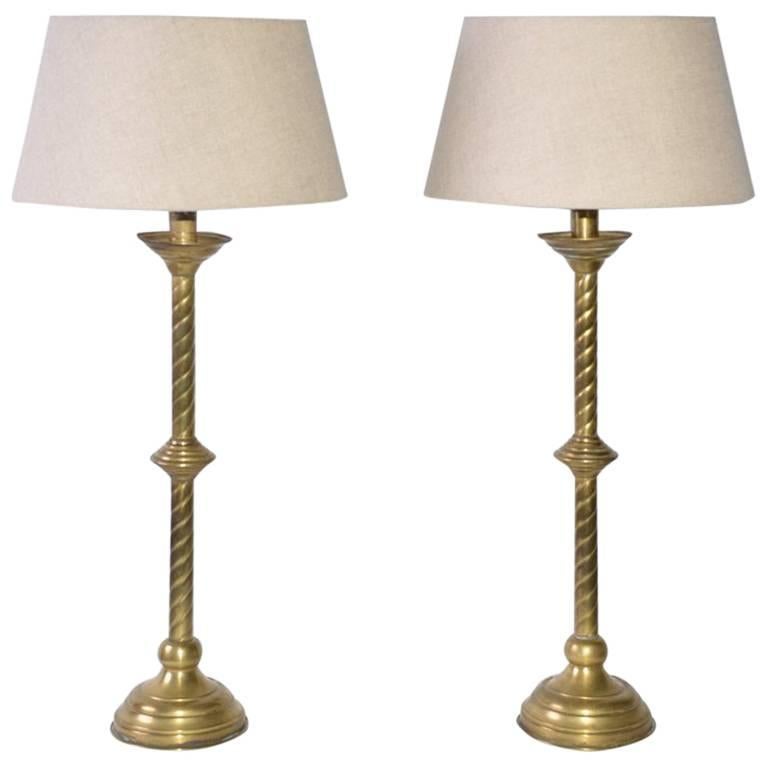 Gothic Style Brass Table Lamps with Belgium Linen Shade For Sale