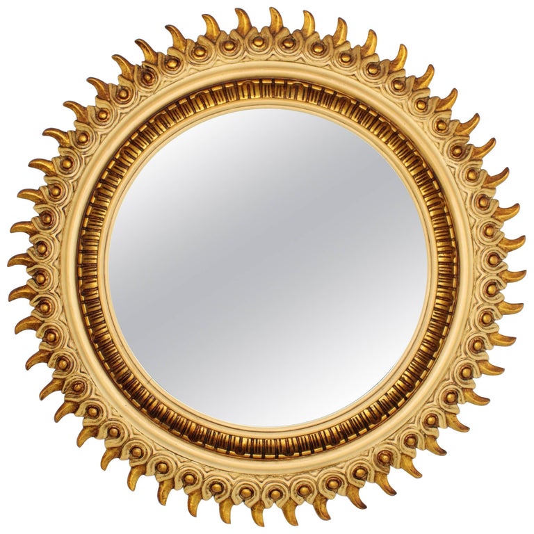 Francisco Hurtado Wood Carved Beige And Giltwood Sunburst Mirror Spain 1950s