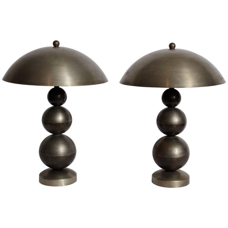 Art Deco Pair of Stacked Ball Nickel Plate and Brass Table Lamps with