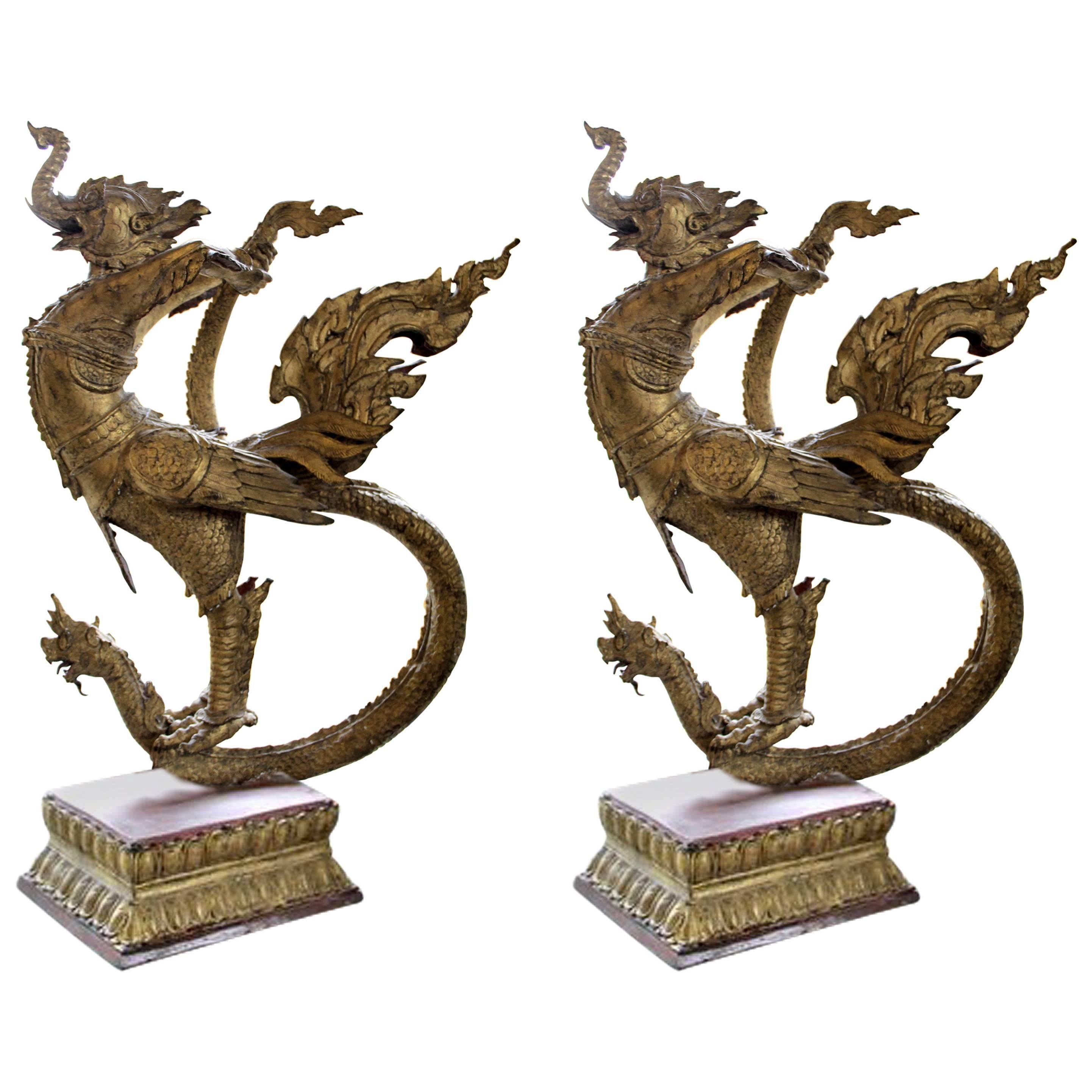 Pair of Gilt Bronze Celestial Mythical Bird Elephant Swan Kocha Puksa, Siam 1800 For Sale