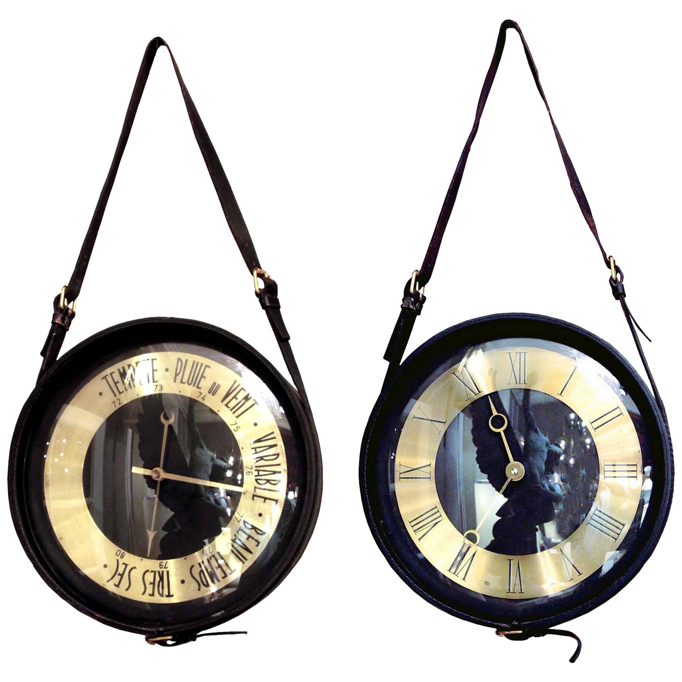 Round Clock and Barometer in Black Leather by Jacques Adnet, France, 1950
