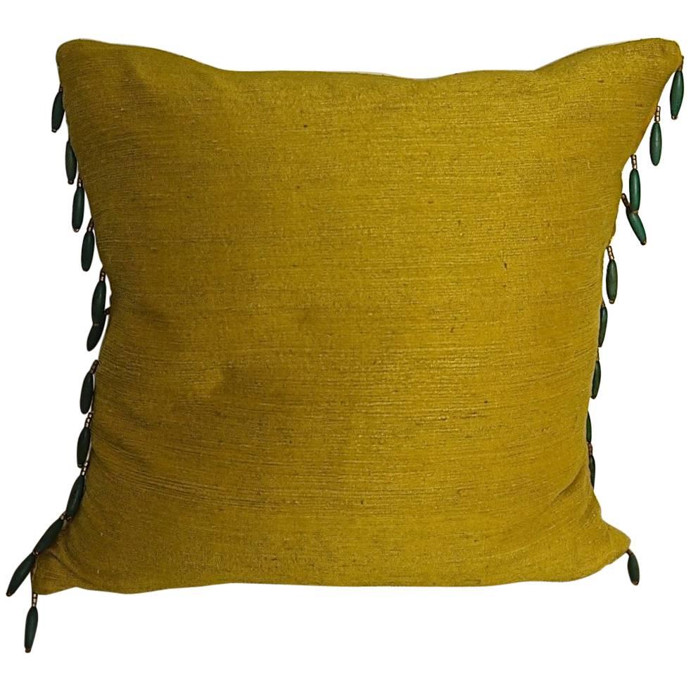 Early 19th Century Antique French Saffron Bourette Silk and Beaded Pillow For Sale