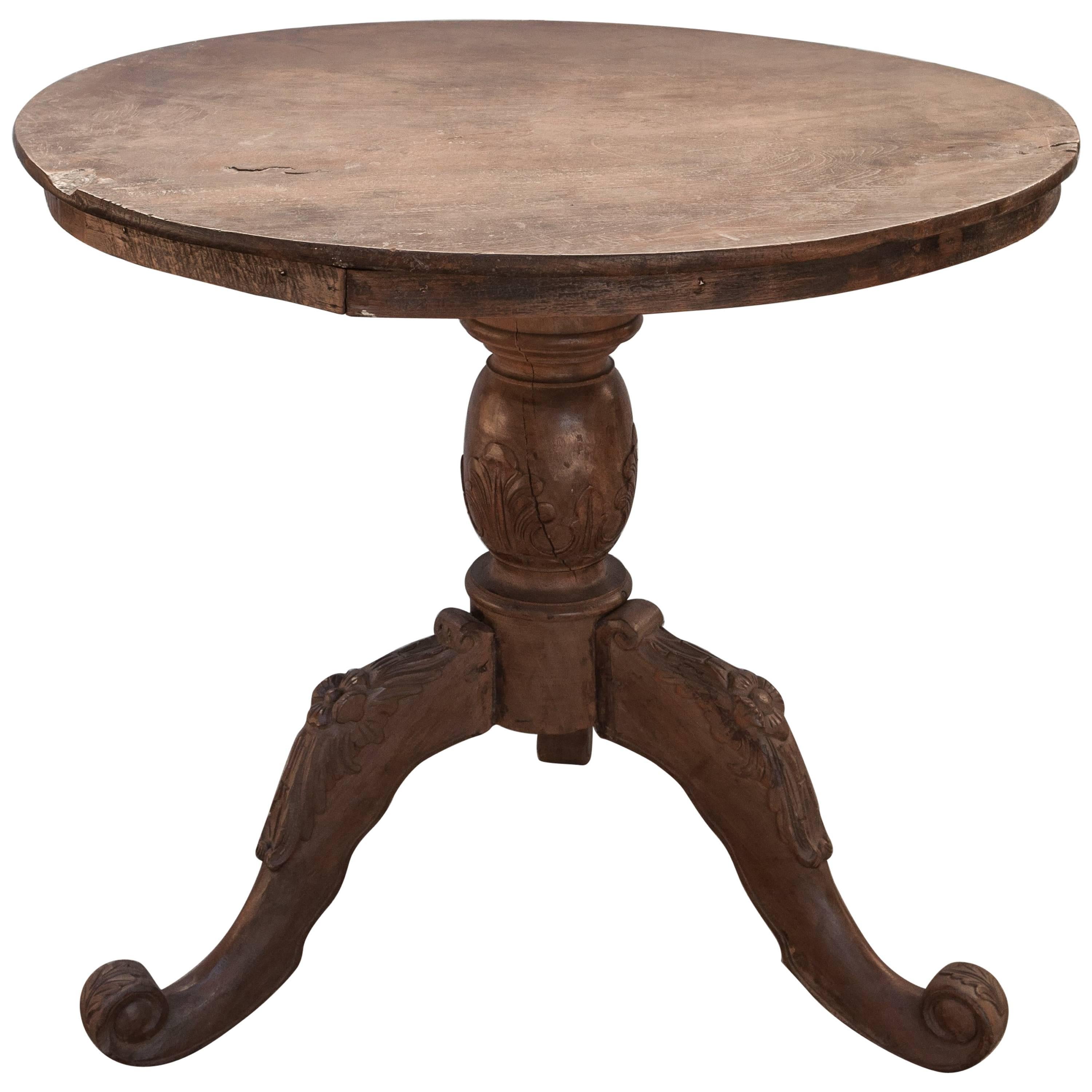Round Teak Pedestal Table 33" One Plank Top, Carved Legs. Mid-20th Century, Java