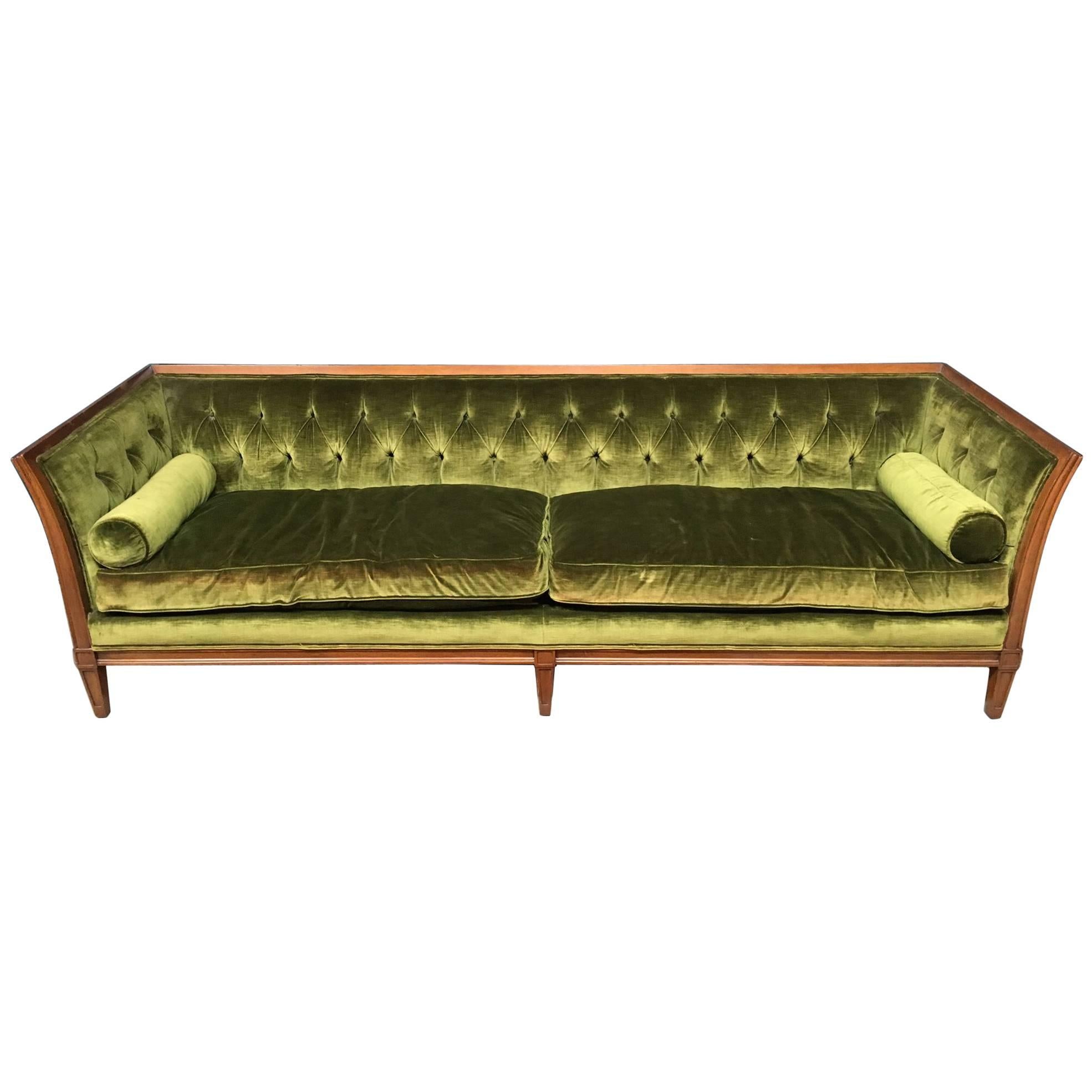 Antique French Velvet Chesterfield Sofa with Bolster Pillows