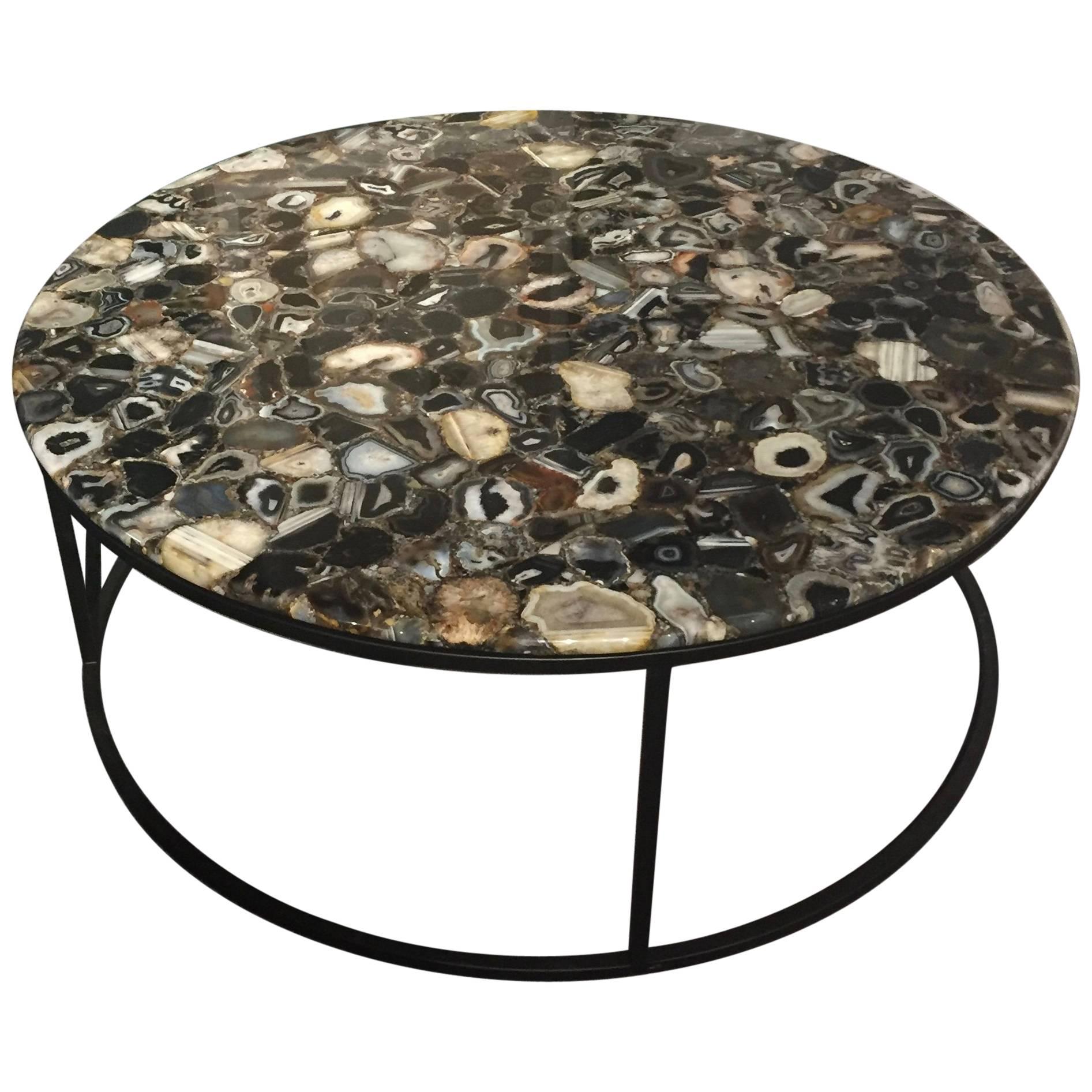 Round Agate Coffee Table with Iron Base Haskell For Sale at 1stDibs